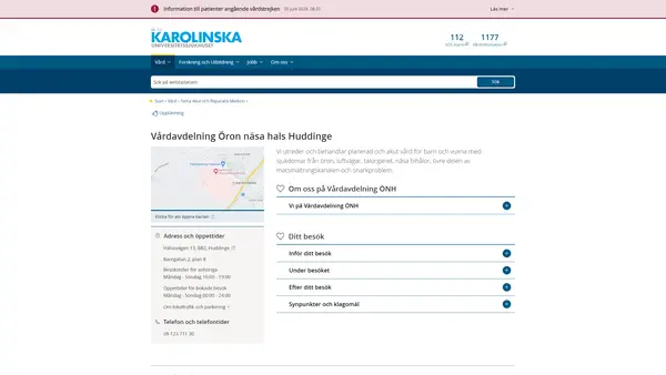 Vårdavdelning Öron näsa hals Huddinge, Karolinska Universitetssjukhuset