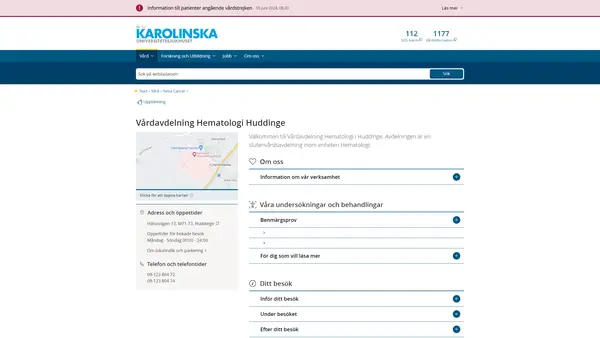 Vårdavdelning Hematologi Huddinge, Karolinska Universitetssjukhuset