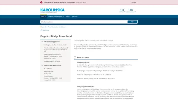 Dagvård Dialys Rosenlund, Karolinska Universitetssjukhuset
