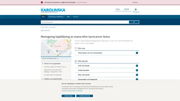 Mottagning Uppföljning av vuxna efter barncancer Solna, Karolinska Universitetssjukhuset